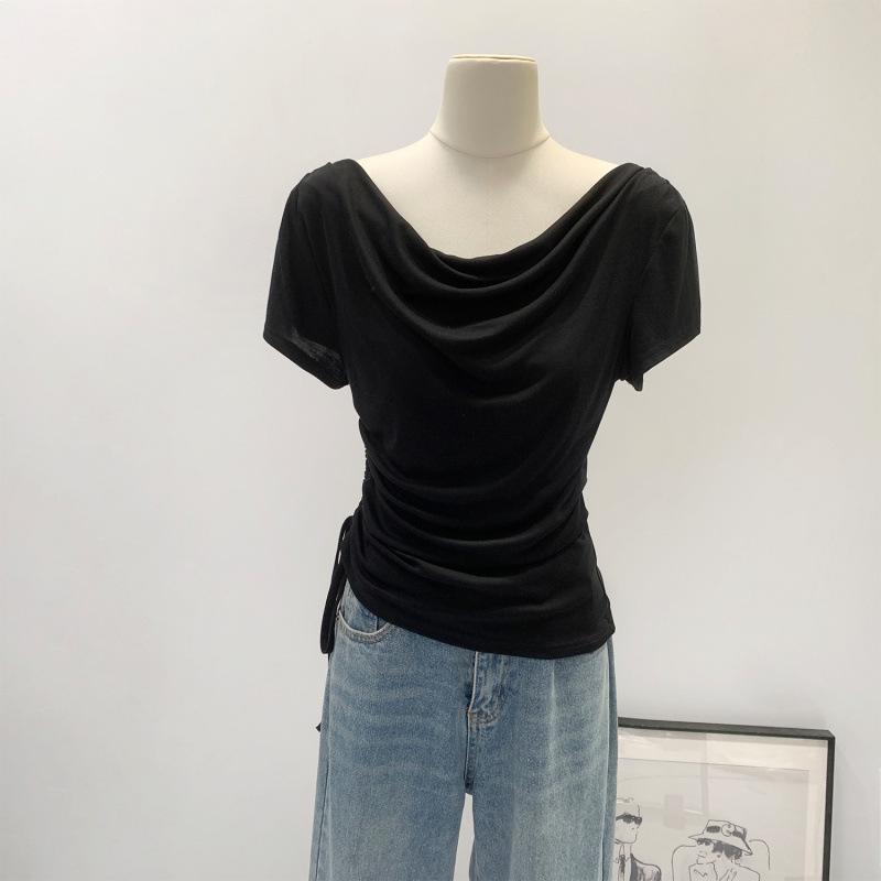 Bestseller Korean Style Yellow Lyocell Tencel Draped Neck Drawstring Short Sleeve Top for Summer 2026 L чёрный
