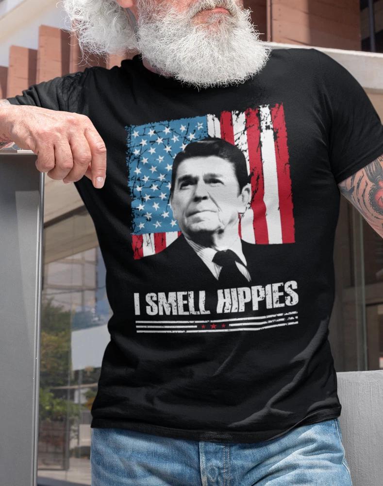 Mens I Smell Hippies TShirt Ronald Reagan USA President Funny Political T shirt XL