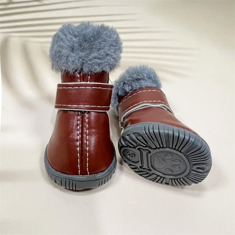 4PCS Plush Winter Pet Dog Shoes Non Slip Rubber Soles Dog Snow Boots Wear-resistant PU Leather Dog Fleece Shoes Winter Season