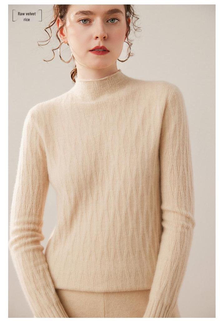 Women's Cable Knit Cashmere Sweater - 12-Gauge, Lychee Pattern, Half-High Neck, Fleece Lining, Twist Design, Wool Base Layer