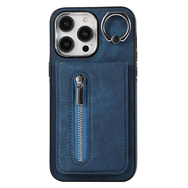 For iPhone 15 Plus Zipper Pocket Phone Case Leather+TPU Kickstand Cover with Hand Strap and Shoulder Strap