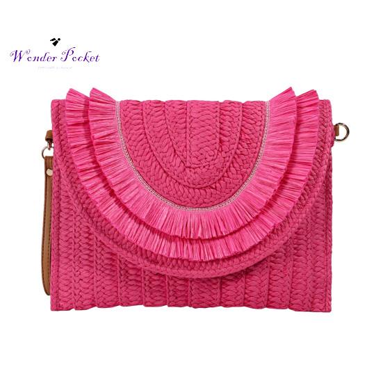 

Пляжная сумка ручной работы, большая вместительная соломенная сумка через плечо с бахромой на магнитной застежке, тканый конверт розы красного