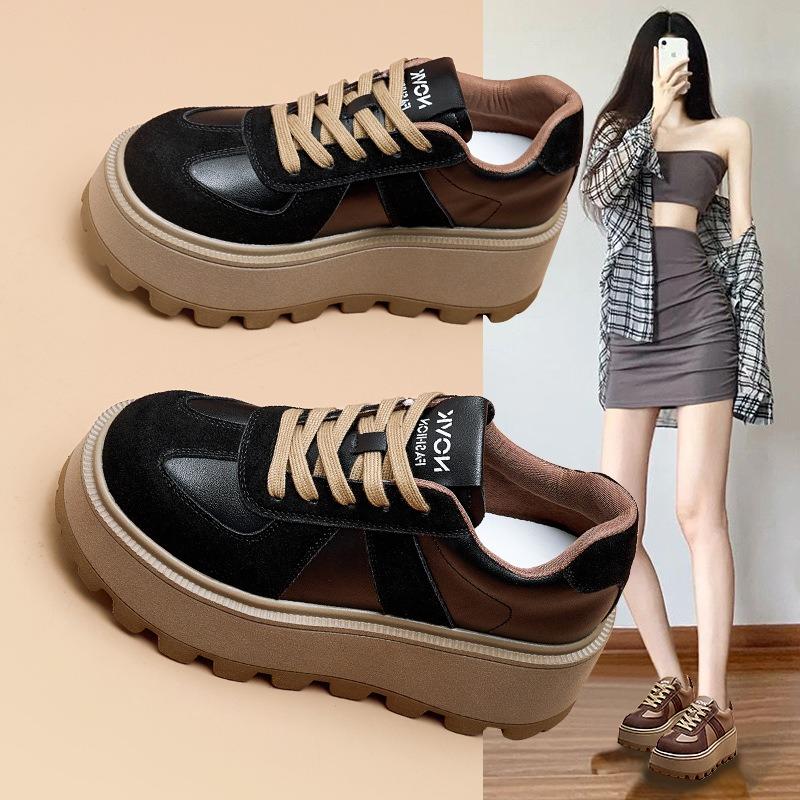 Leather casual shoes for women to wear autumn and winter new thick-soled Korean version of versatile height-increasing sports women's shoes tide