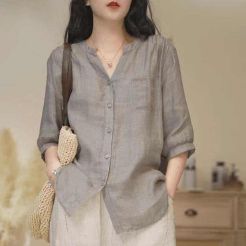 grey notch neck button front three quarter sleeve linen blend shirt for women S