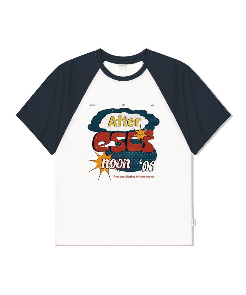 ESCAPEFROM Vintage Cloud Poster Print Raglan Color Block Short Sleeve T-Shirt Navy