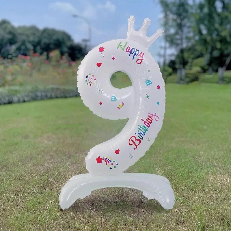 Birthday Number Balloon White Standing 32 Inch Happy Birthday Printed Aluminum Film Birthday Party Crown Balloon
