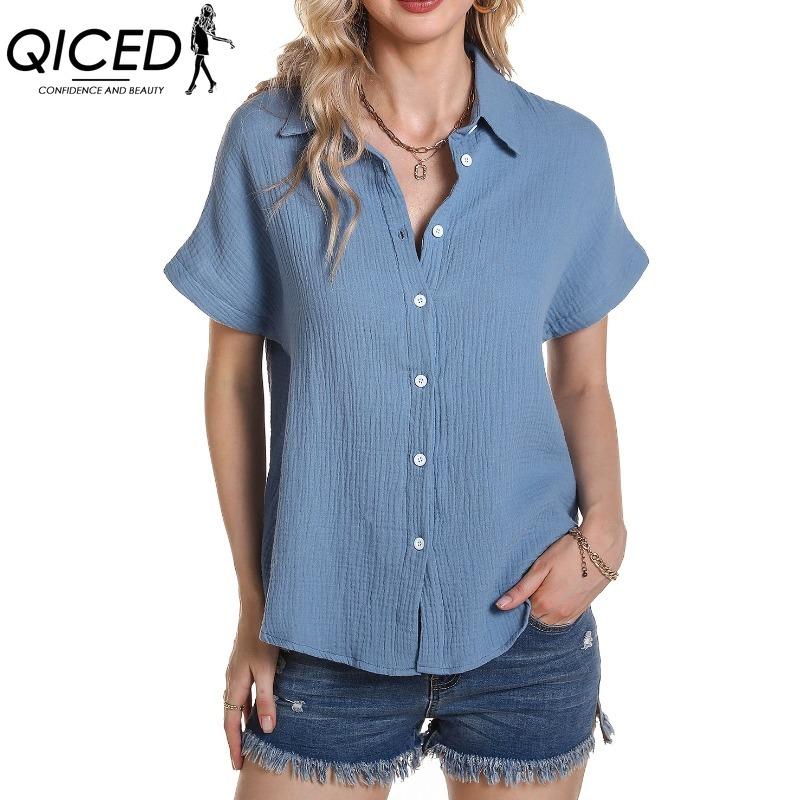 

QICED Женские модные повседневные однотонные блузки и рубашки с короткими рукавами и воротником-поло с принтом XXL небесно-голубой