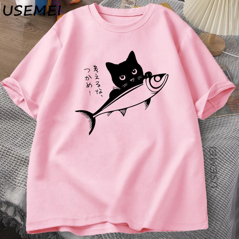 

Black Cat T-Shirt Funny Japanese Fish Tshirt Kawaii Cat Lover T Shirt Men Graphic T Shirts Summer Cotton Tops Clothing XL розовый