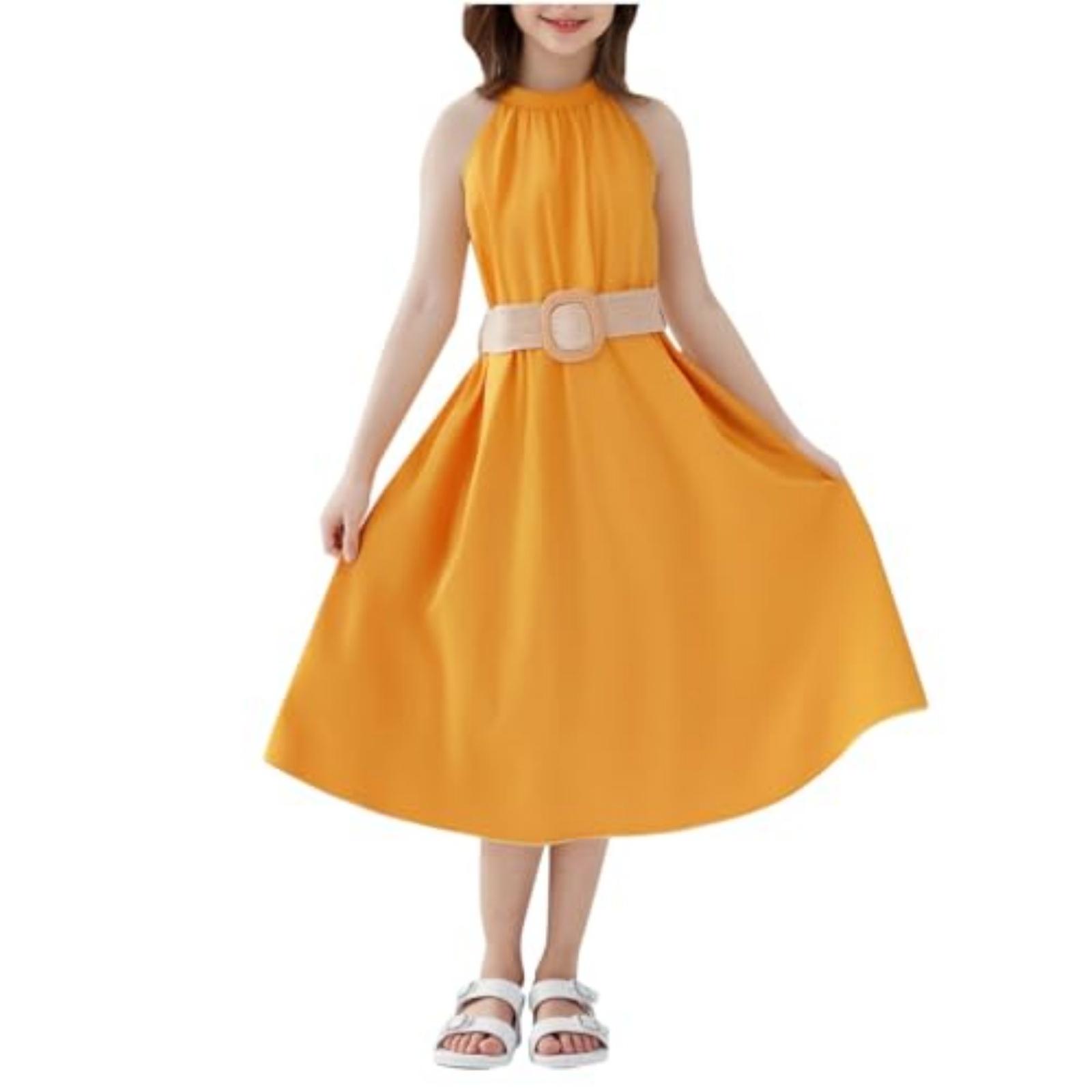 

Girls Casual -Neck Sleeveless Waist-defined One-Piece Dress 160
