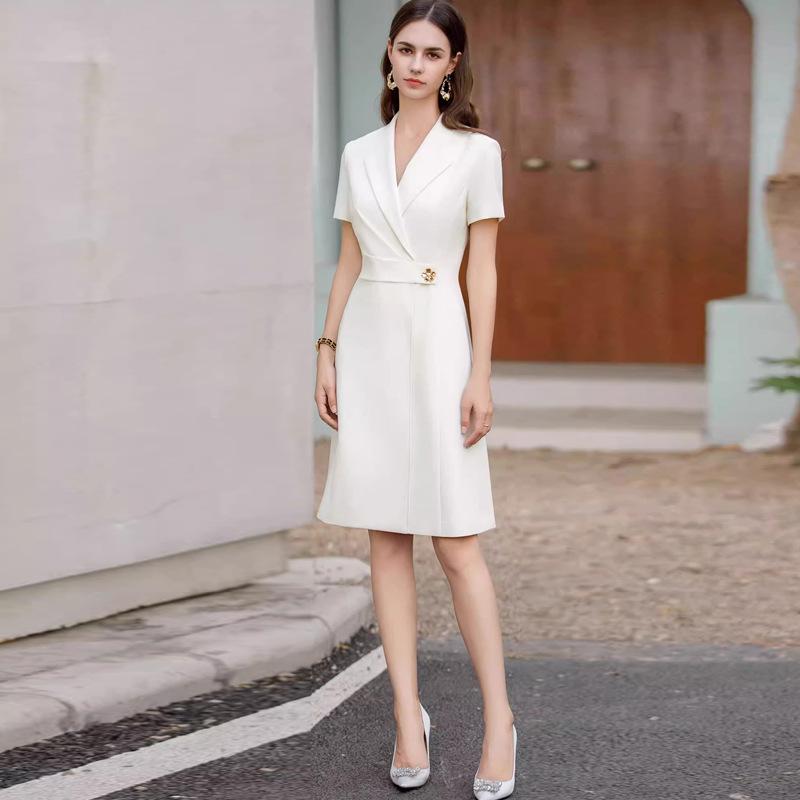 Women's Professional White Summer Dress - Short Sleeve & Waist-Slimming Design for Office Wear