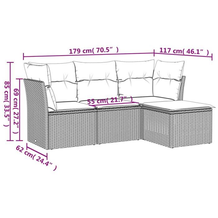 VidaXL Salon de Jardin avec Coussins 4 pcs, Canapés avec Pieds Réglables, Ensemble de Meubles d'Extérieur Patio Terrasse, 3217543
