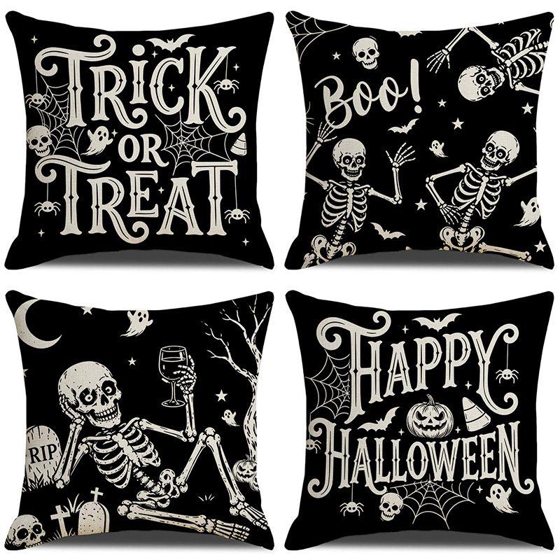 VIKAMA Retro Halloween Pillow Cover Trick Or Treat Happy Halloween Skeleton Ghost Cushion Case For Living Room Sofa Home Decor