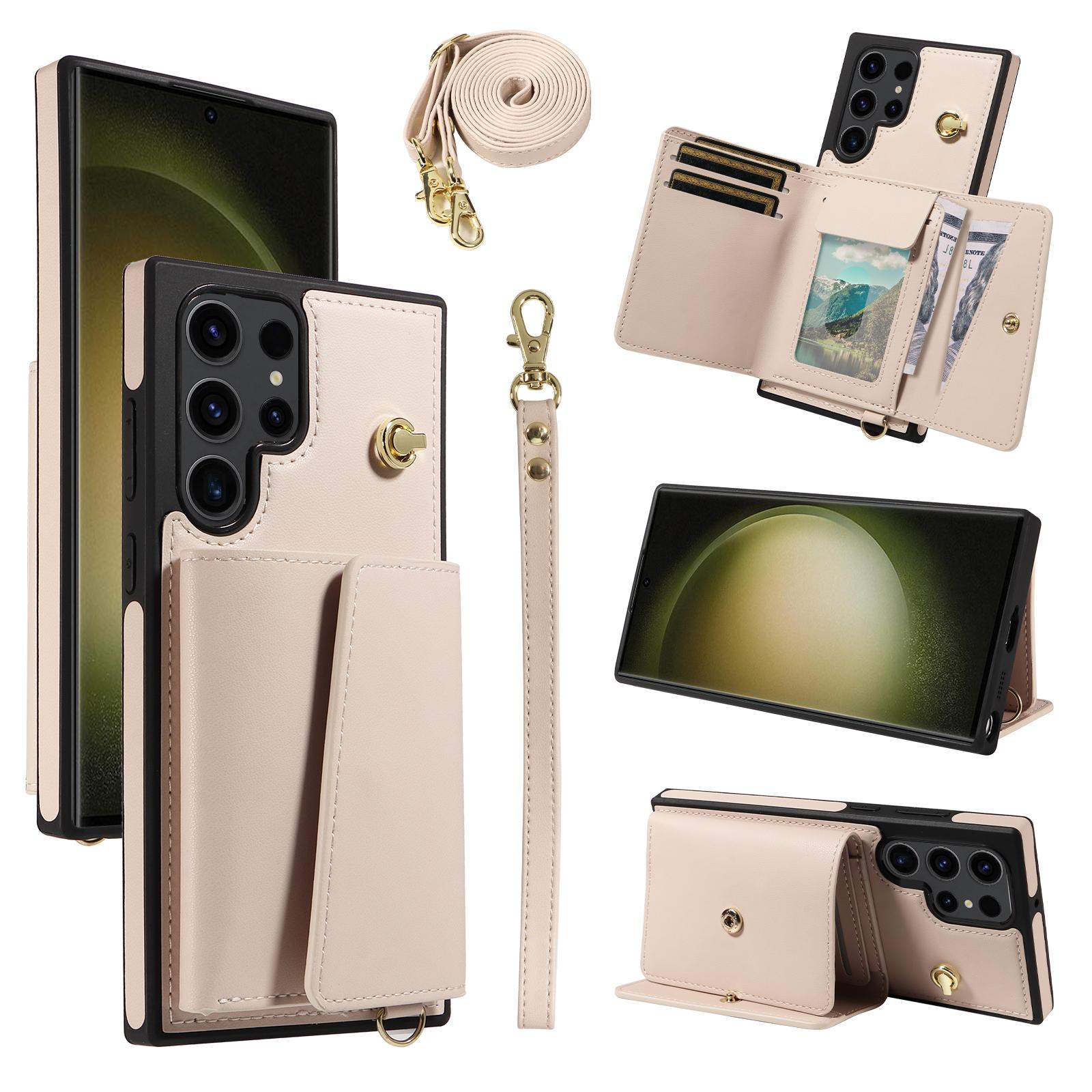 

For Samsung Galaxy S23 Ultra Crossbody Phone Case Card Holder Kickstand Leather Coated TPU Mobile Cover Beige