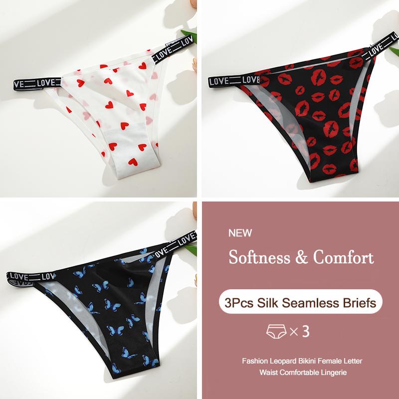 3Pcs Silk Seamless Women's Panties Sexy Flower Butterfly Briefs Fashion Leopard Bikini Female Letter Waist Comfortable Lingerie