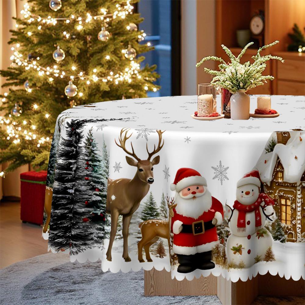 Christmas Round Tablecloth, Waterproof Christmas Table Cloth, Santa Claus, Snowman, Elk Snow Pattern