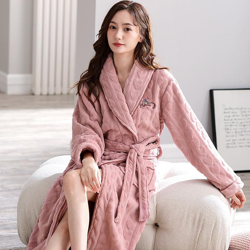 Vintermorgonrock Korallfleece Nattlinne Dam Varm Sovkläder Förtjockad Lång Badrock Flanell Lös Ledig Hemkläder Nattkläder