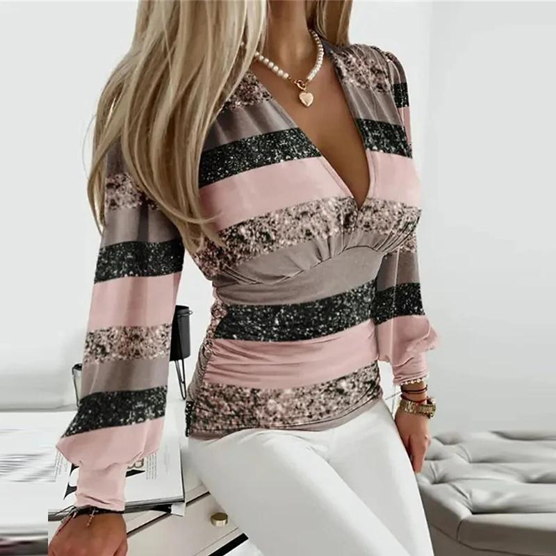Sexy Dámské Topy a Blůzky s Hlubokým Výstřihem do V a Dlouhým Rukávem Dámské Podzimní Zimní Ležérní Potisk Slim Top Femme Košile pro Ženy Blůza