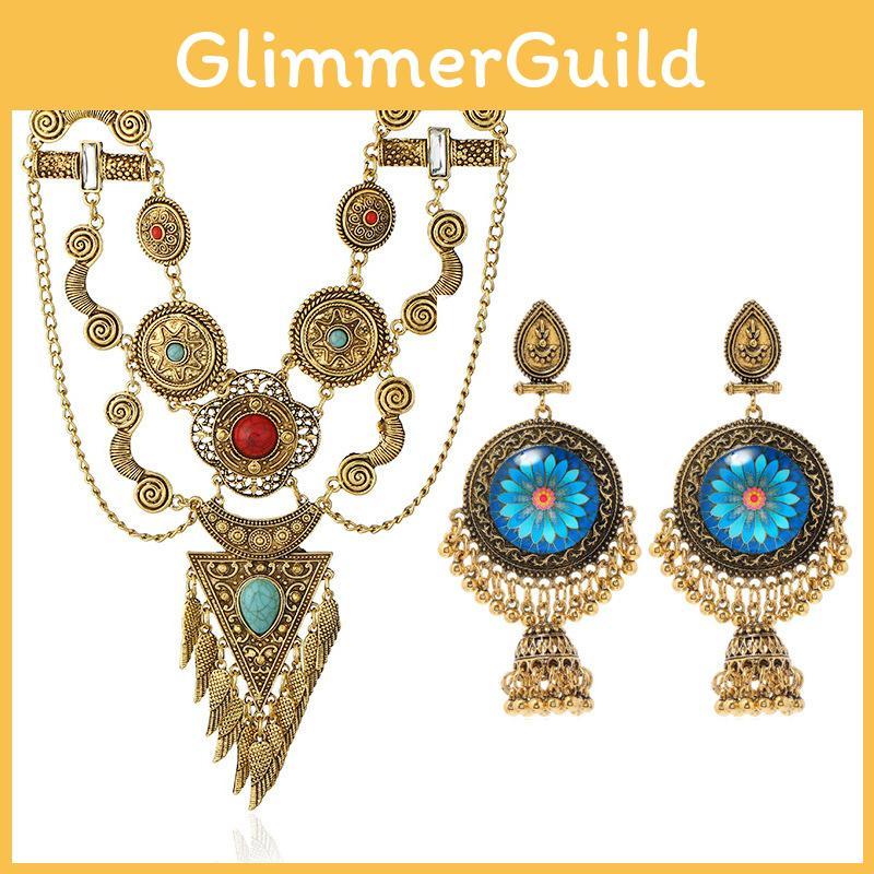 Simulation Ethnic Style Gemstone Decoration Women Necklace And Set Earring