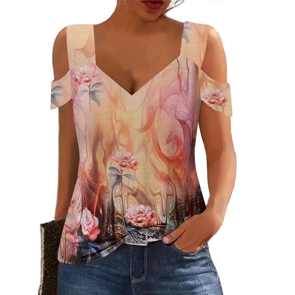 Letnia bluzka damska Bluzka z krótkim rękawem, odkrytymi ramionami, dekoltem w serek, luźna, podstawowa koszulka, swobodny top, koszula