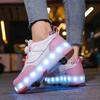 Kid's Rotating Button Wear Quick Four Wheel Running Shoes with Wheels Sports Shoes USB Charging LED Light Sports Shoes Girls Roller Skates