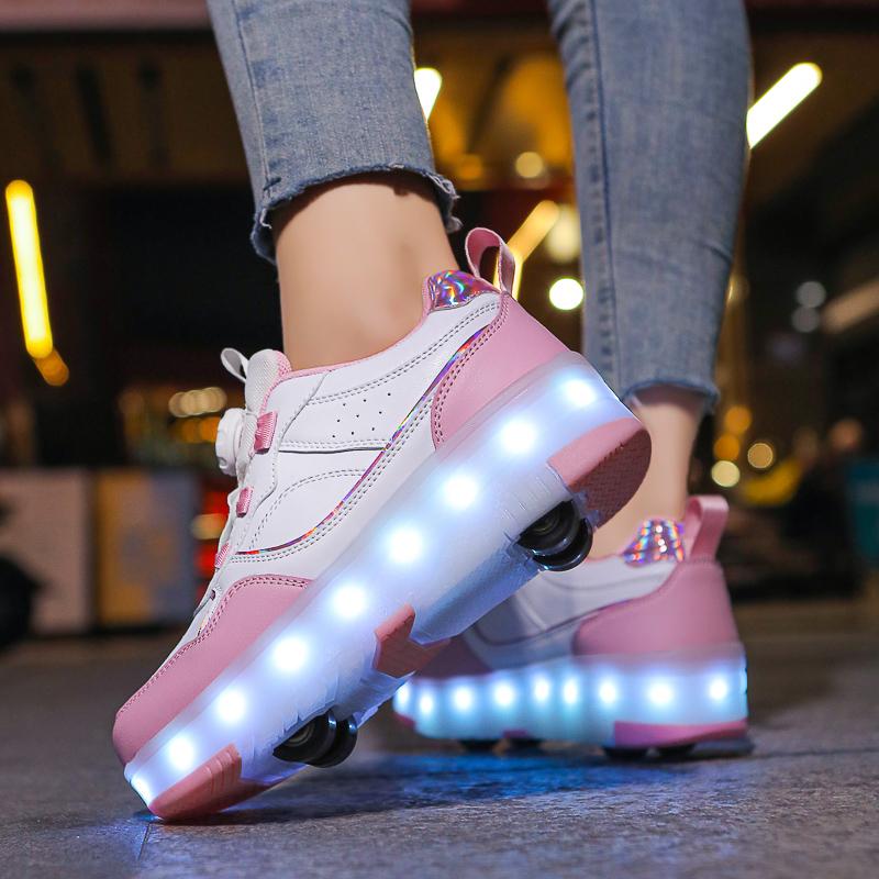 Kid's Rotating Button Wear Quick Four Wheel Running Shoes with Wheels Sports Shoes USB Charging LED Light Sports Shoes Girls Roller Skates
