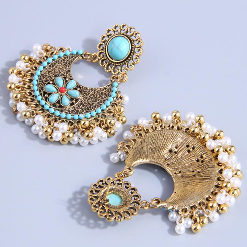 European and American Retro Seaside Vacation Earrings, Bohemian Alloy Turquoise Pearl Fringed Ethnic Earrings