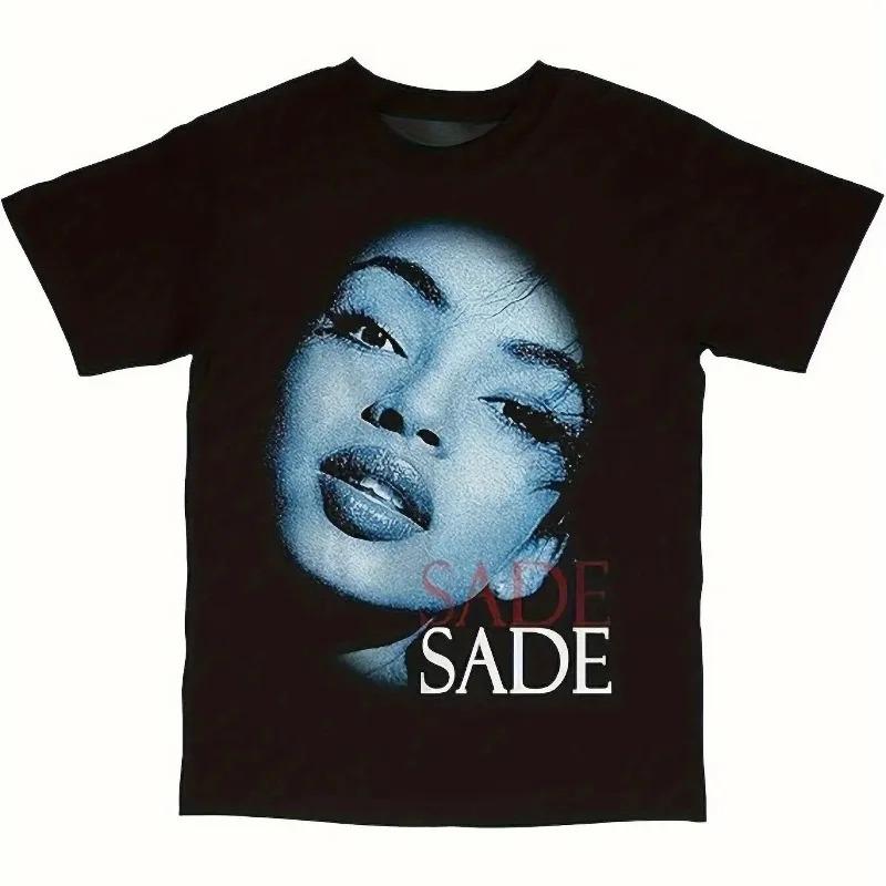 Unisexs Sade Face Vintage Style Tshirt Comfortable Crew Neck Black With Signature And White Portrait Print S