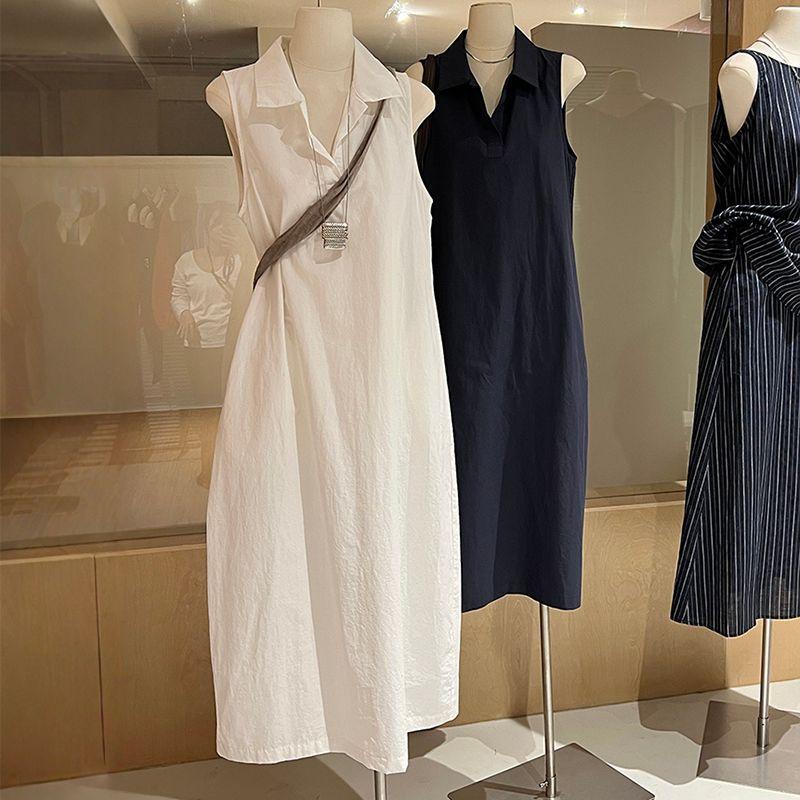 Simple and generous polo collar sleeveless dress women s summer daily loose temperament vest skirt loose white long dress S