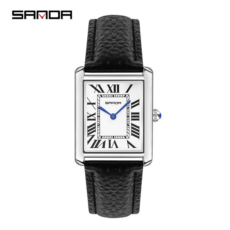 

Женские кварцевые часы Sanda, маленький циферблат, римские цифры, модные водонепроницаемые прямоугольные, парный дизайн.