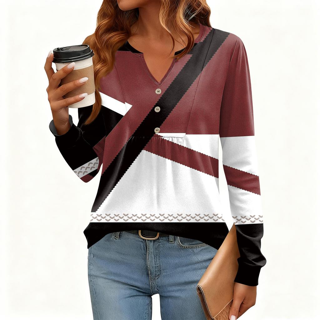 Women's Relaxed,Fit V,Neck Vintage Color,Blocked Floral Print Long,Sleeve Pullover Tee