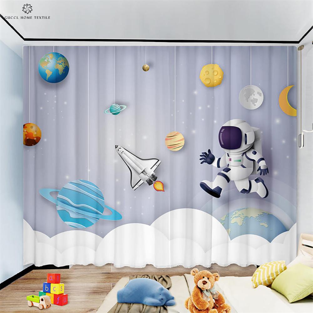 Animation Cartoon Astronaut Curtains for Children's Room, Window Decoration, Living Room, Study, Kitchen, Space, 2Pcs