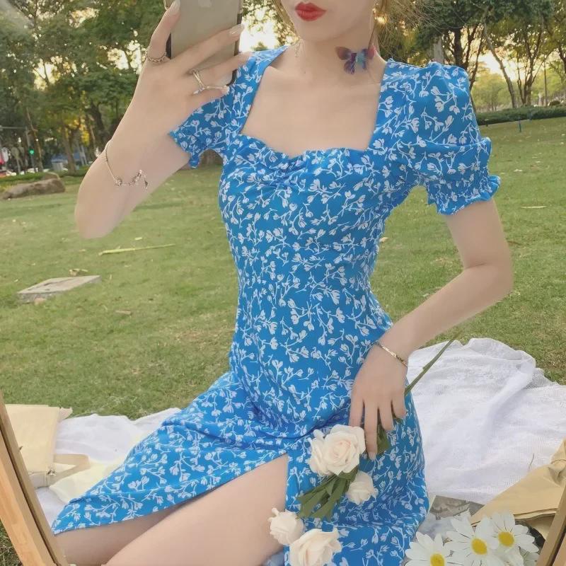 Vestido de Verano Floral Estilo Francés 2024: Falda Larga con Abertura Dulce y Picante