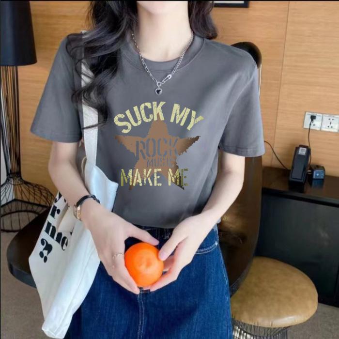 

Combed Tight Cotton T-Shirt Women s American Retro Short Sleeve 2025 Summer Crew Neck Front Shoulder Short XXXXL