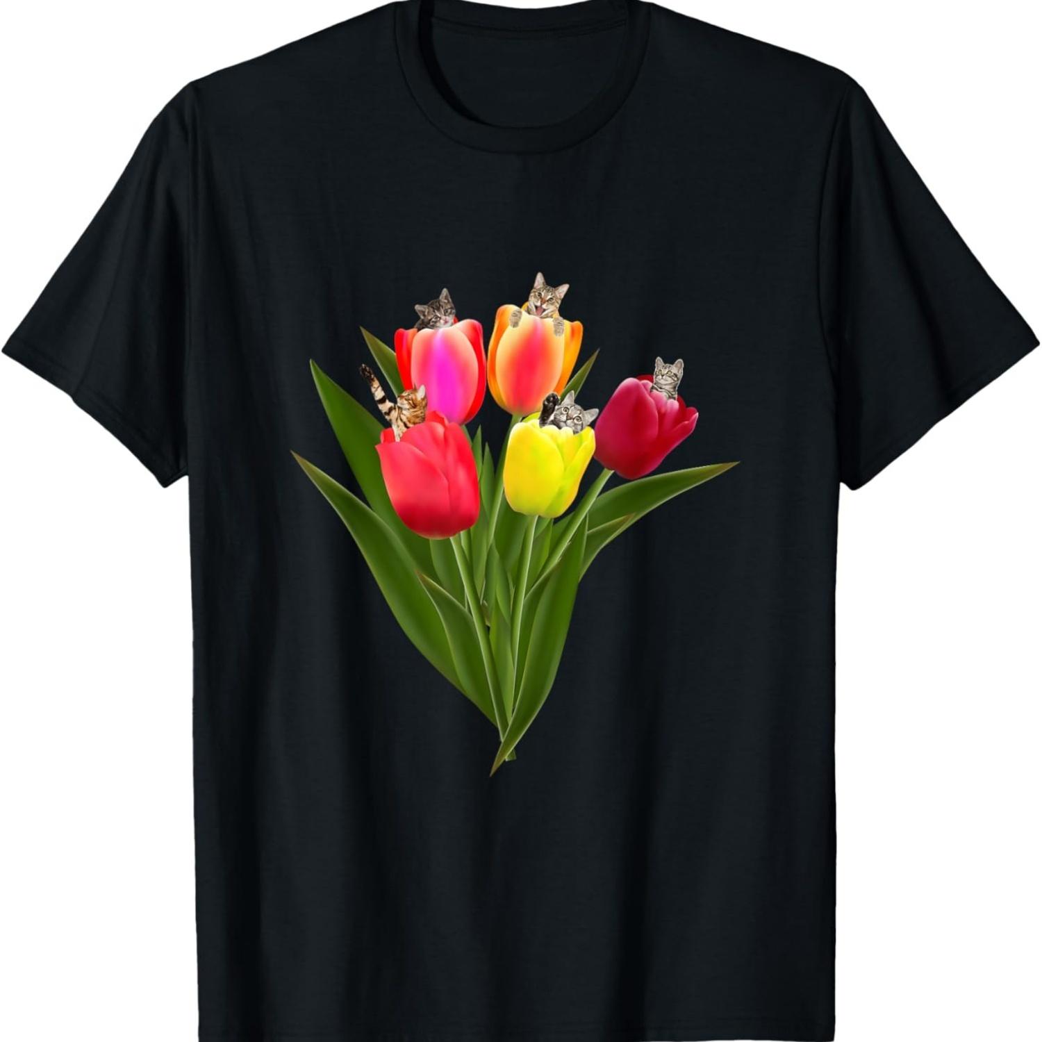

Cat Tulips Funny Cats In Tulip Flower Meme Graphic Art T-Shirt for Men Women Kids S чёрный