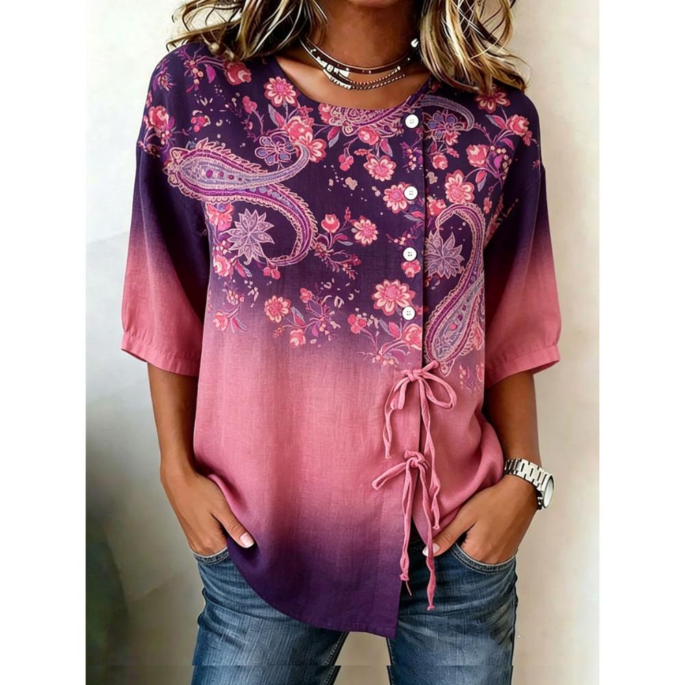 Women's Ombre Paisley Floral Print Drawstring Button Up Blouse, Casual Round Neck Tops for Spring Summer Daily Vacation Wear