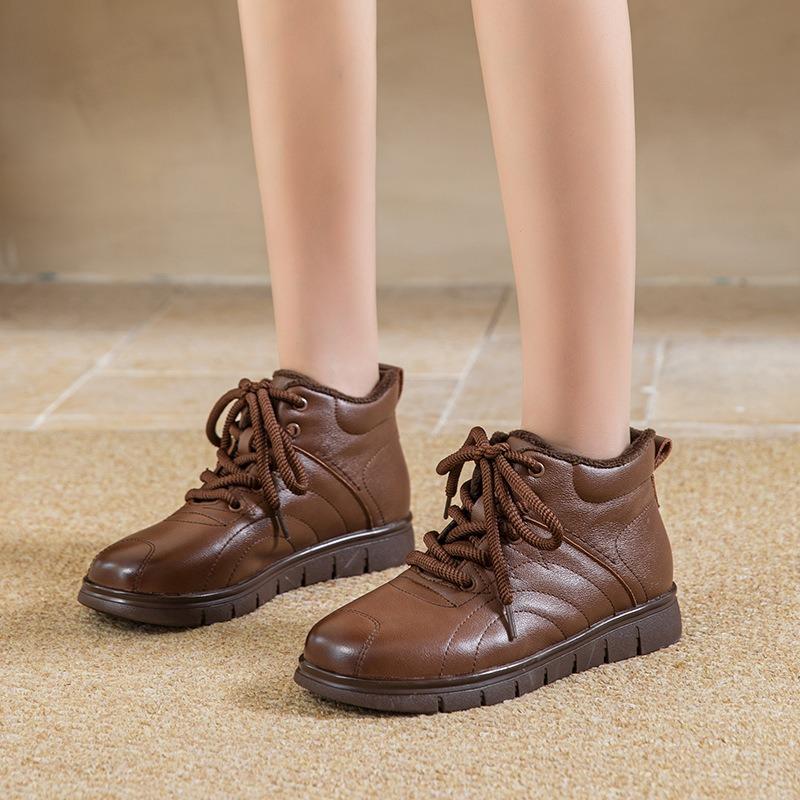 Winter Retro Round Head Flat Heel Beef Tendon Soft Sole Velvet Warm Medium and Old Lace-up Mother Cotton Shoes