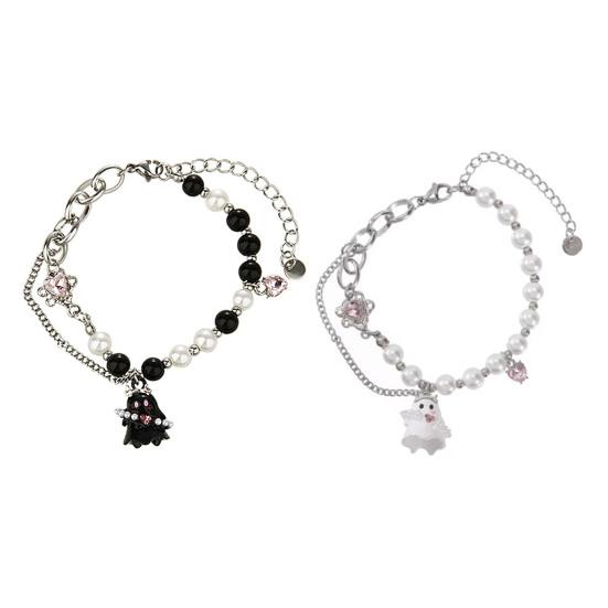 Women Bracelet Cartoon Ghost Pendant Imitation Pearls Color Matching Adjustable with Extended Chain Halloween Gift Wrist Jewelry