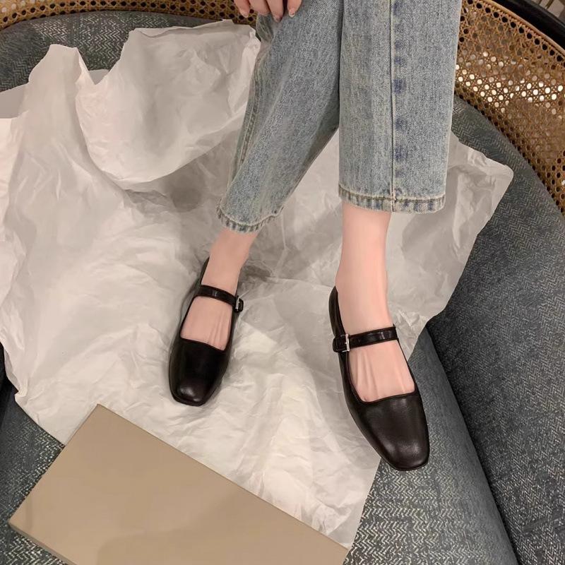Premium sheepskin soft sole genuine leather Mary Jane single shoes women's shoes one-word buckle with shallow mouth flat shoes small leather shoes lad