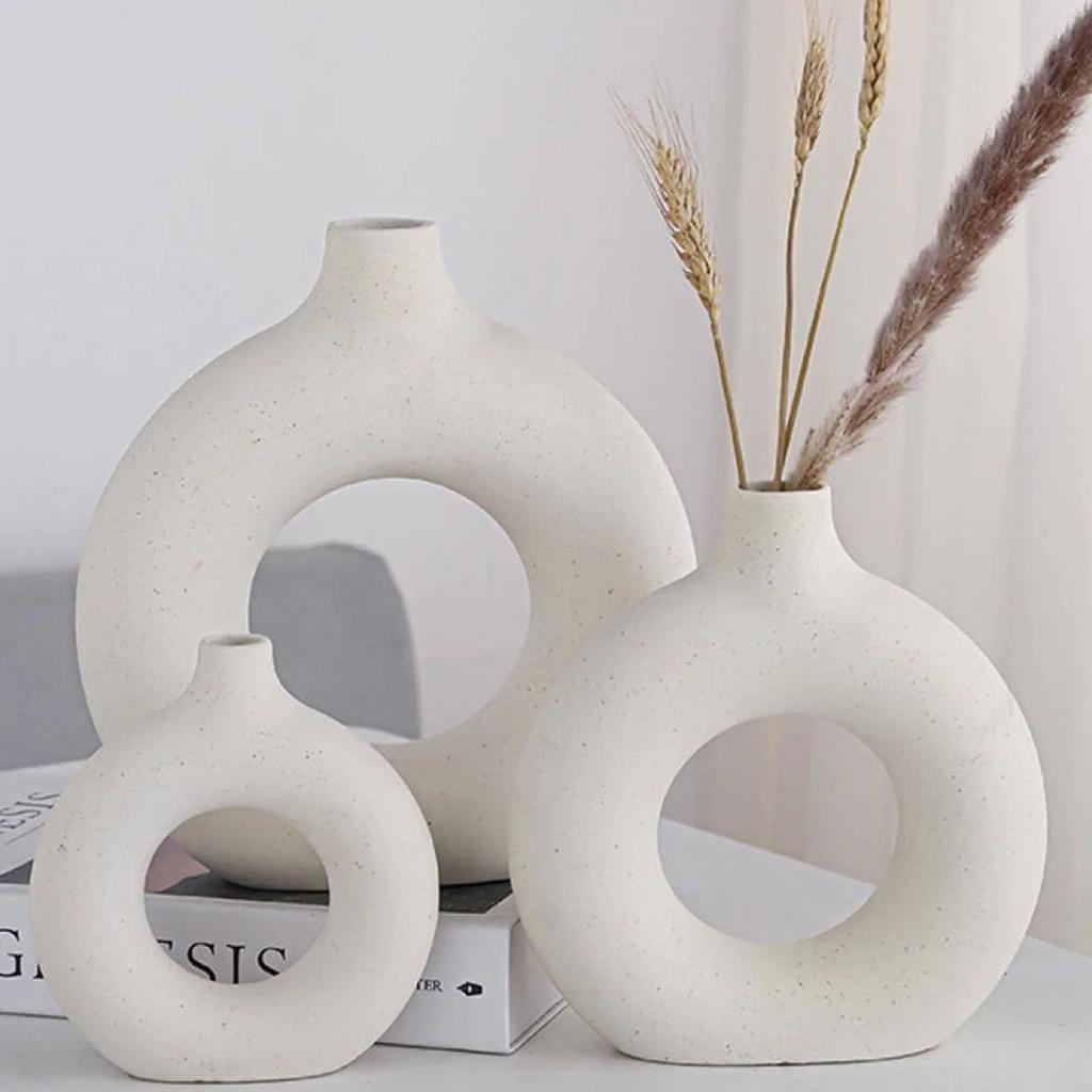 1 Stück Weiße Keramikvasen für Heimdeko, Moderne Deko Mattierte Kreisvase, Minimalistische Nordische Donut-Vase, Dekorativ