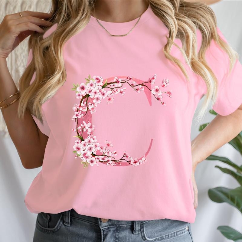 Hottie Girls Aesthetic Cherry Blossom Letter AZ Print T Shirts Short Sleeve Crewneck Women Floral Alphabet Y2K Tops Gifts S