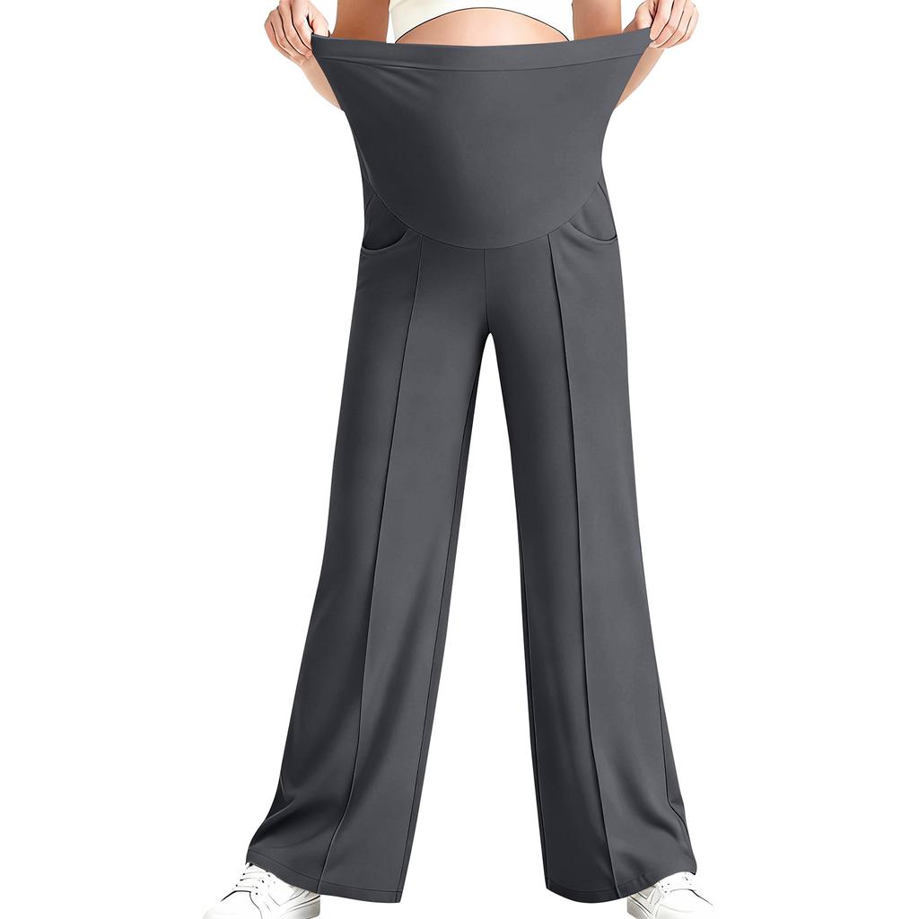 Pantaloni de yoga pentru maternitate, Cu buzunar pe burtă, Pantaloni elastici cu picior larg pentru lucru/casual, Pantaloni lounge pentru maternitate