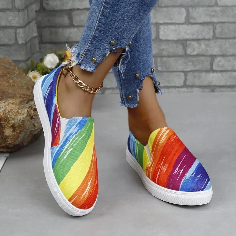Fashion Spring/autumn New Canvas Flat Shoes for Women Graffiti Printing Slip-on Lot-Top Sneakers Casual Ladies Vulcanized Shoe