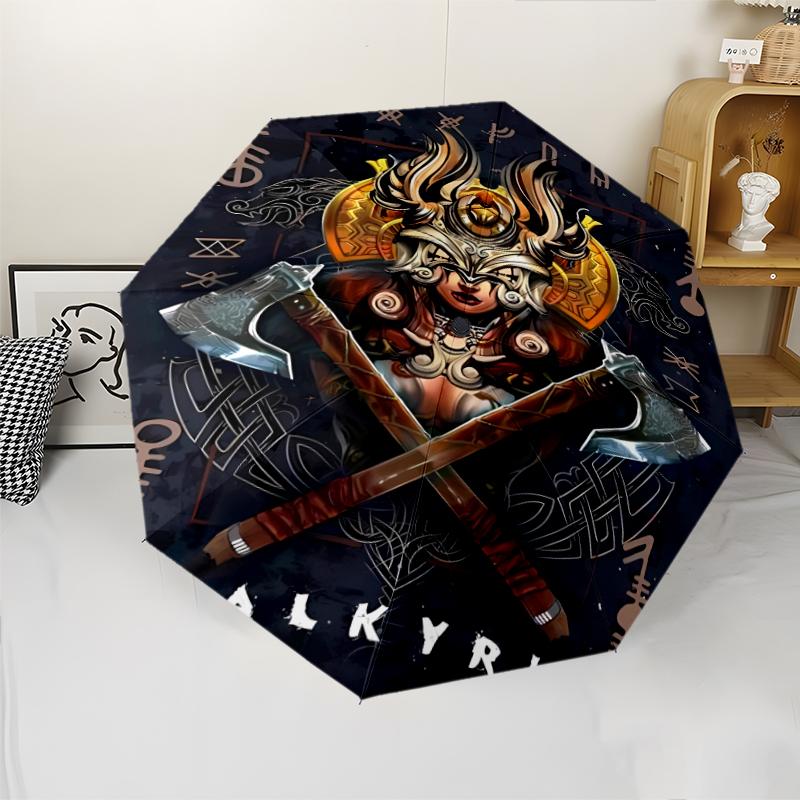 Valknut Print Automatic Umbrella, 8 Rib Iron Frame, Plastic Handle, Suitable for Outdoor Travel &Daily , Ideal Gift