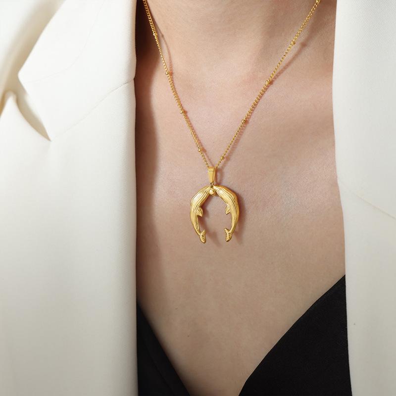 18K Gold Chinese Ruyi Carp Pendant Necklace with Double Fish & Empress Dowager Earrings for Women