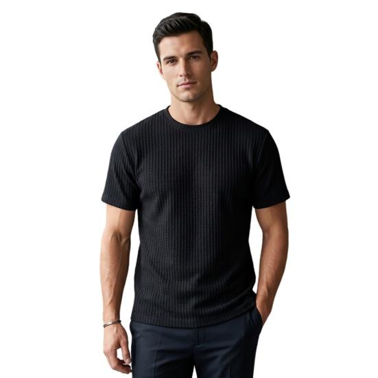 

Men Jacquard T-shirt Solid Color Crew Neck Striped Tee Loose Fit Casual Stylish Summer T-shirt for Daily Wear Street Beach Holiday M чёрный