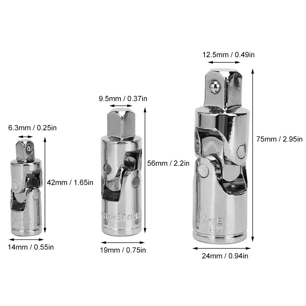 3 Pcs Universal Joint CR V Steel Mirror Polished Quenched Adapter 14in 38in 12in