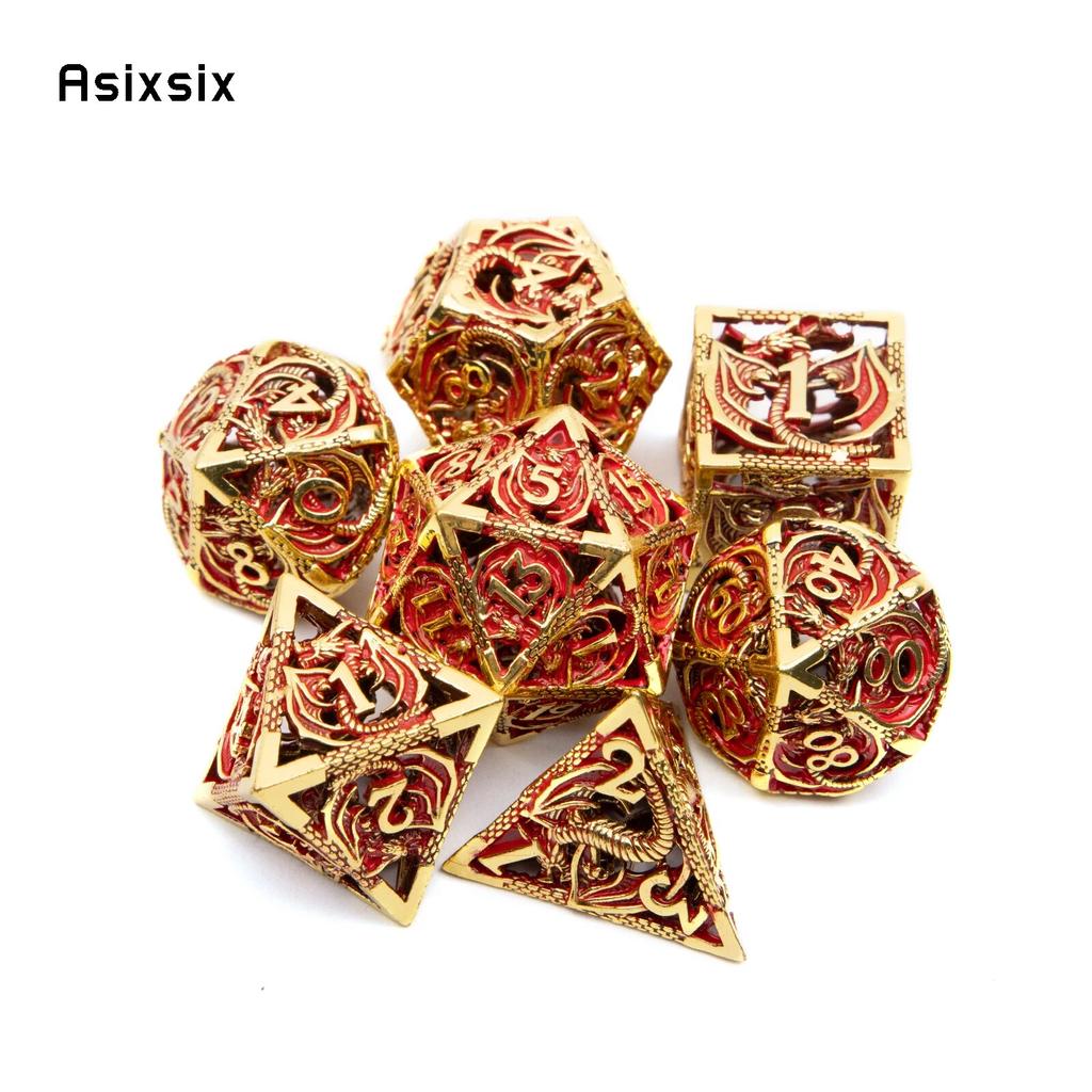 7 Pcs Golden Red Dragon Metal Dice Hollow Metal Polyhedral Dice Set Suitable for Role-Playing RPG  Board Game Card Game