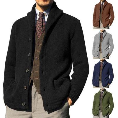 Lapel Long Sleeve Pockets Ribbed Cuffs Thickened Cardigan Sweater Men Autumn Winter