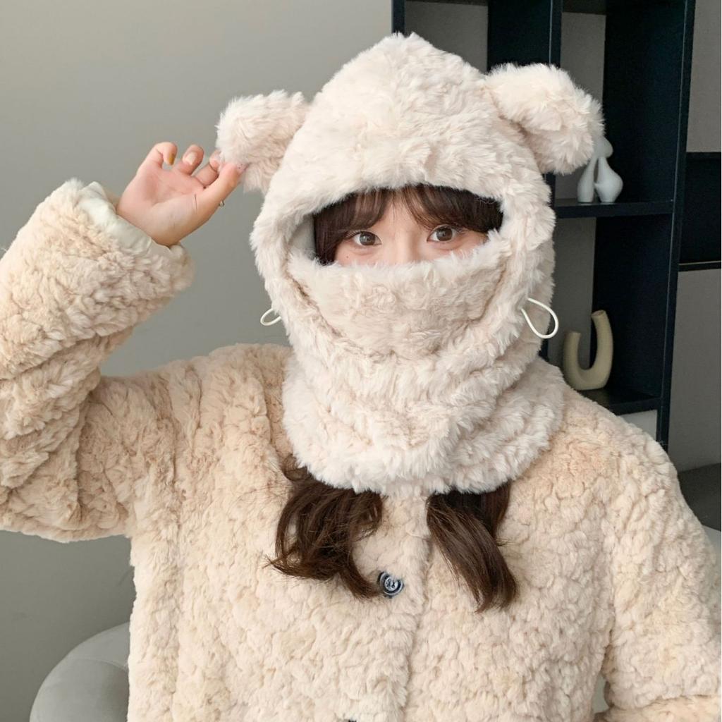 Plush Bear Knitted Ear Protection Hat Mask Scarf Integrated Warmth and Cold Protection Lei Feng Hat Women's Winter Thickened Plush