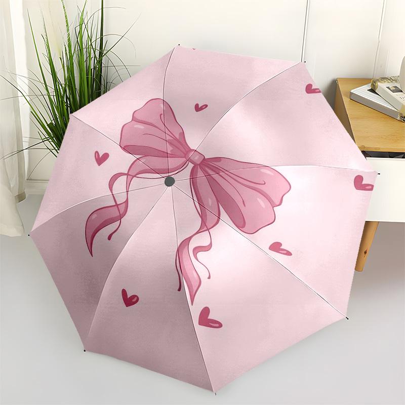 1pc Pink Bow with Hearts Umbrella with Plastic Handle,Vibrant Cartoon Pattern,Multi-functional UmbrellaPT108